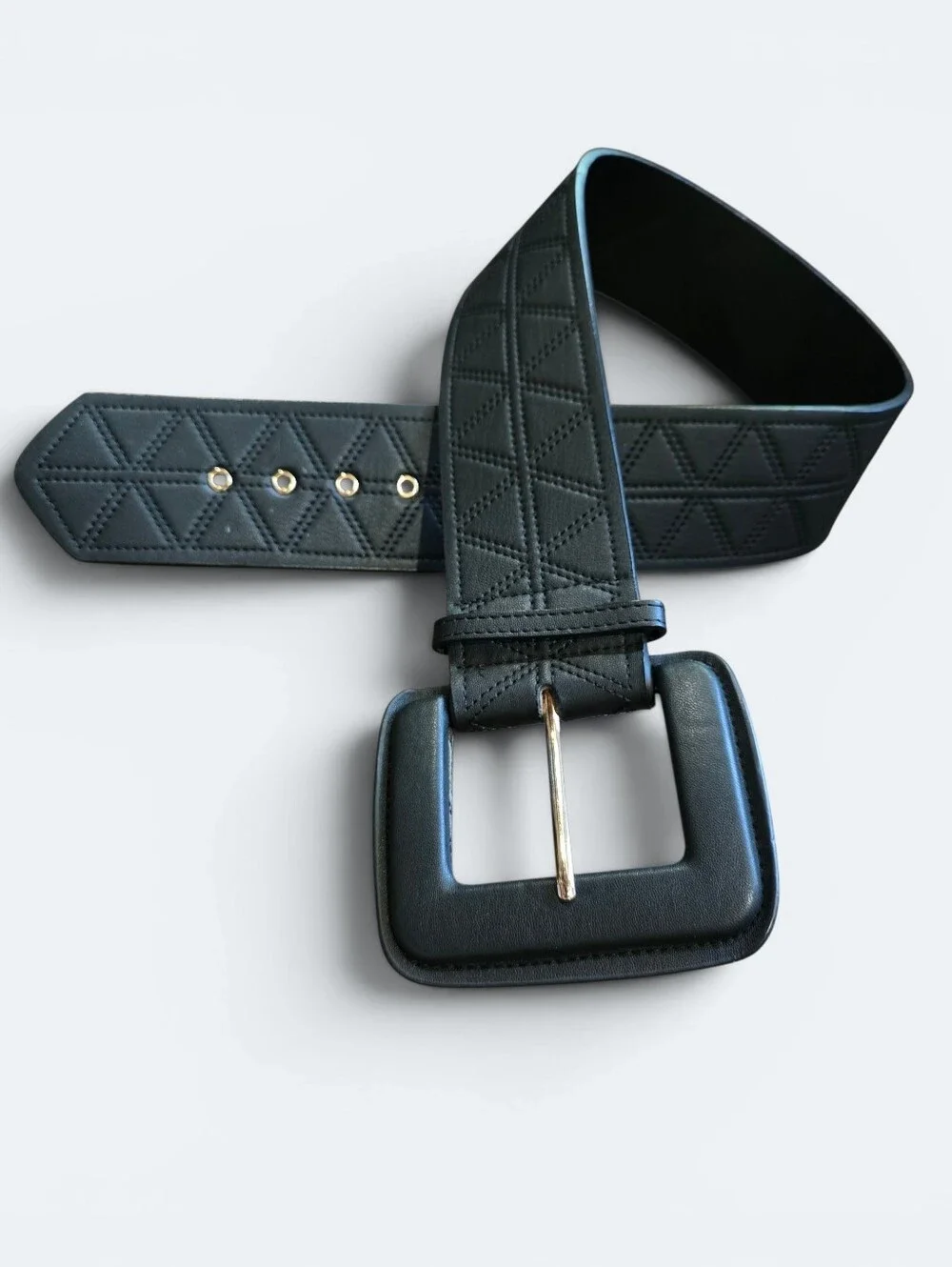 SHEIN Black Wide Waist Belt Quilted Geometric Pattern Square Buckle Boho